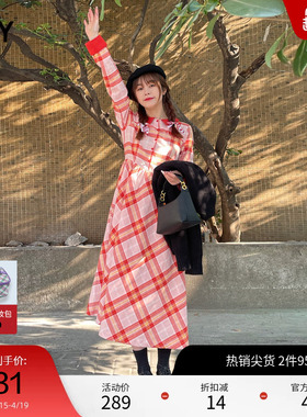 SLY 春季优雅复古风格纹收腰衬衫连衣裙女C38GAL33-2880