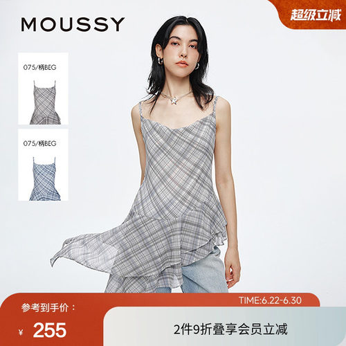 moussy 2025夏季新品不规则下摆时尚格纹修身吊带衫028ISA33-4091