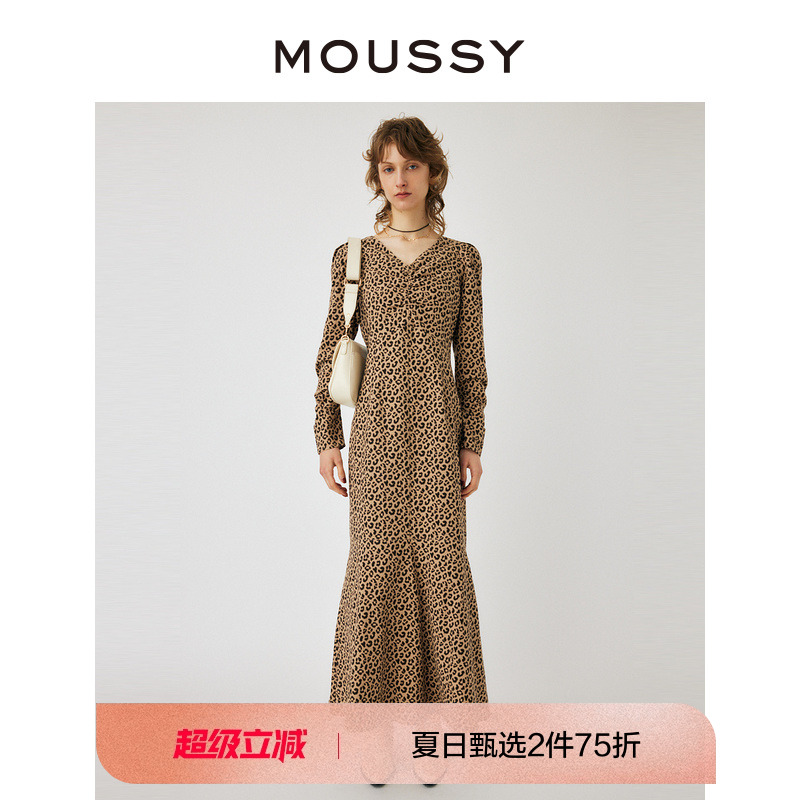 moussy豹纹设计露背鱼尾连衣裙