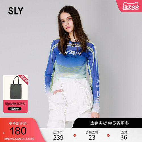 SLY渐变色图案Y2K玫瑰薄纱T恤