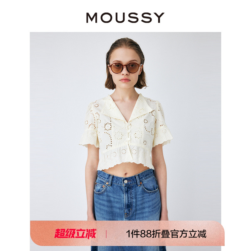 moussy复古浪漫镂空蕾丝短袖衬衫