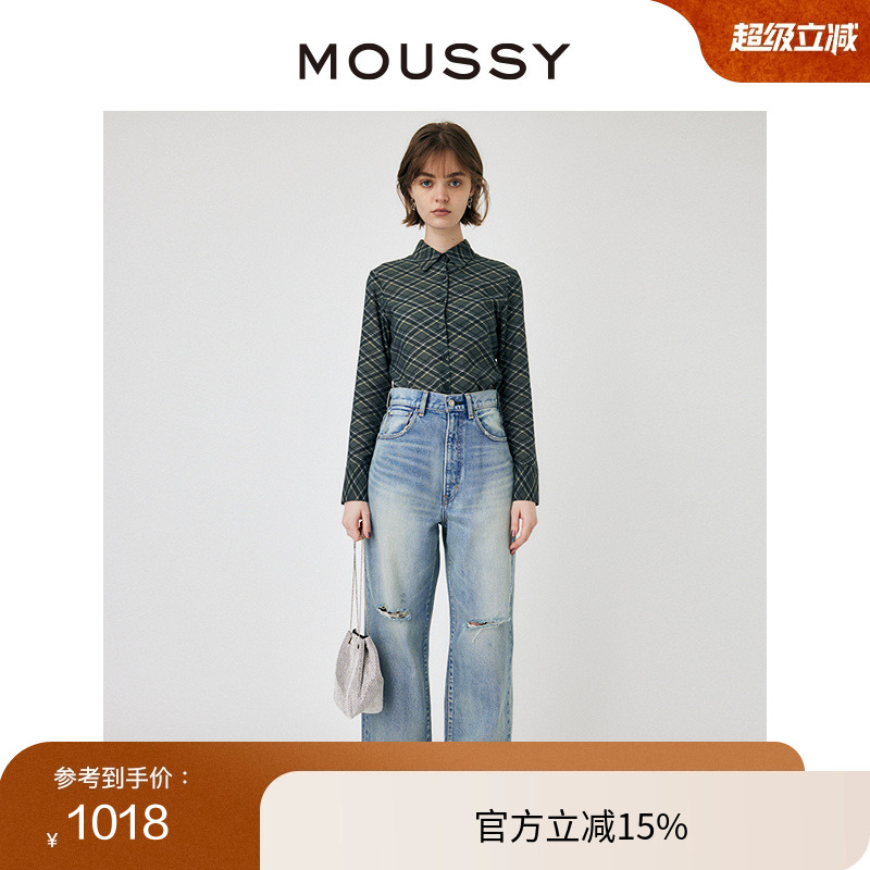 MOUSSY美式复古风破洞直筒牛仔裤