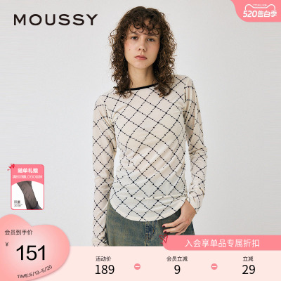 moussy 春季复古港风设计感菱格纹内搭上衣010HAA80-8561