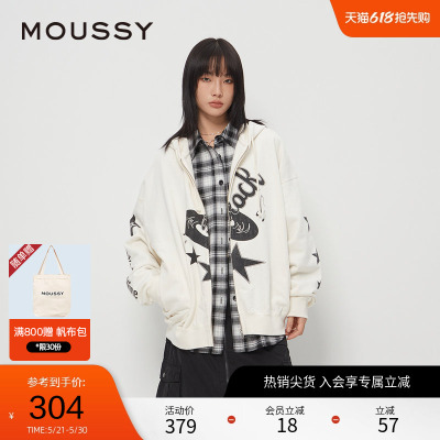 moussy 春季美式复古摇滚音符印花卫衣外套028HAZ90-2231