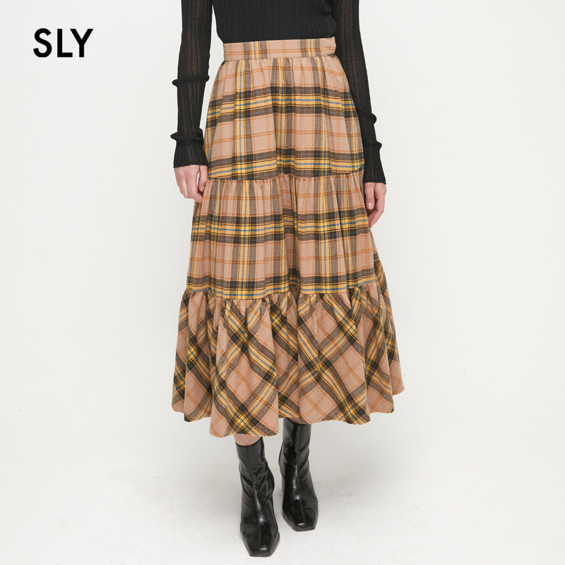 SLY 冬季新品英伦学院风复古格纹长款半身裙女C38GAL31-