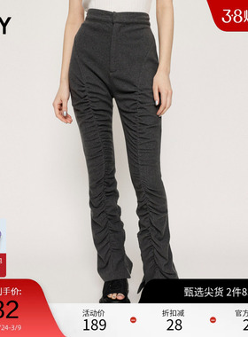 SLY 夏季纯色设计感褶皱Y2K微喇休闲裤女030GSZ81-1860