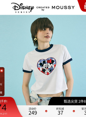 MOUSSY夏季新品迪士尼联名米奇米妮正肩撞边T恤010HSQ90-0250