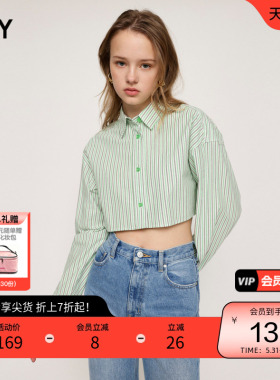SLY春夏学院风条纹露腰设计长袖截短衬衫030GSY30-1350