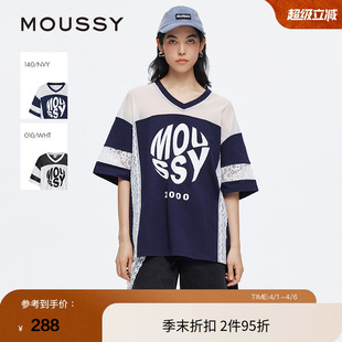 moussy 网纱蕾丝拼接撞色LOGO短袖 T恤028ISA90 2931 夏季