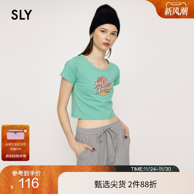 sly美式复古辣妹多巴胺印花T恤