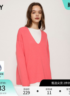 SLY 春季大V领纯色宽松落肩套头针织衫毛衣030FAR70-5350