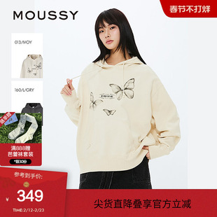MOUSSY 春季美式风蝴蝶印花宽松连帽卫衣女028ISZ90-0171