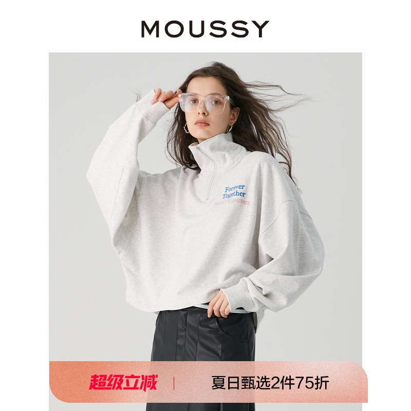 moussy学院风半拉链翻领短款卫衣