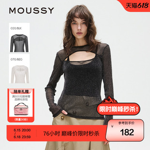 MOUSSY 春季辣妹网纱透视细闪镂空修身上衣028ISA80-2141