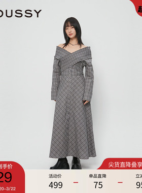 moussy 春季法式乡村田园一字领格纹连衣裙028HAH30-1761