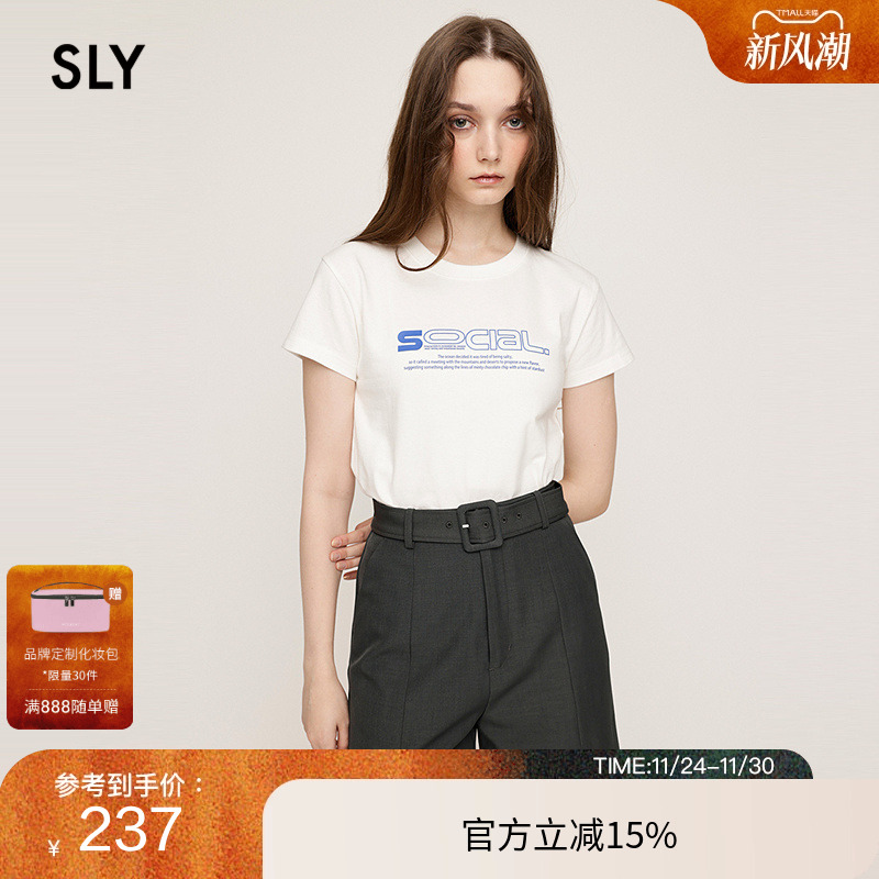 SLY 2025夏季新品甜酷简约字母印花圆领做旧短袖T恤030ISR90-2061
