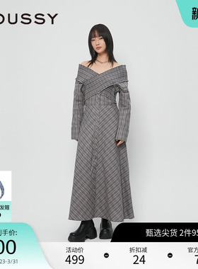 moussy 春季法式乡村田园一字领格纹连衣裙028HAH30-1761