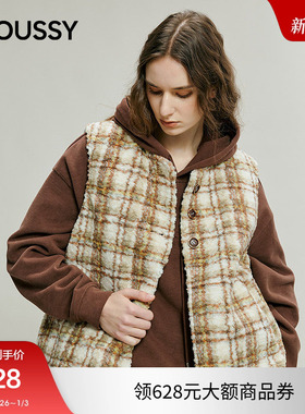 MOUSSY 2025冬季新品复古格子仿羊羔绒撞色马甲背心028IAC30-1108