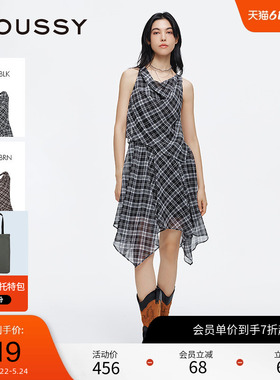 moussy 2025夏季新品格纹荡领露背不规则无袖连衣裙028ISA33-3521