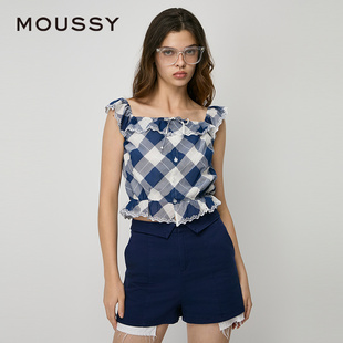 0411 moussy 2024夏季 新品 文艺港风多穿法格纹吊带上衣女028HAZ30