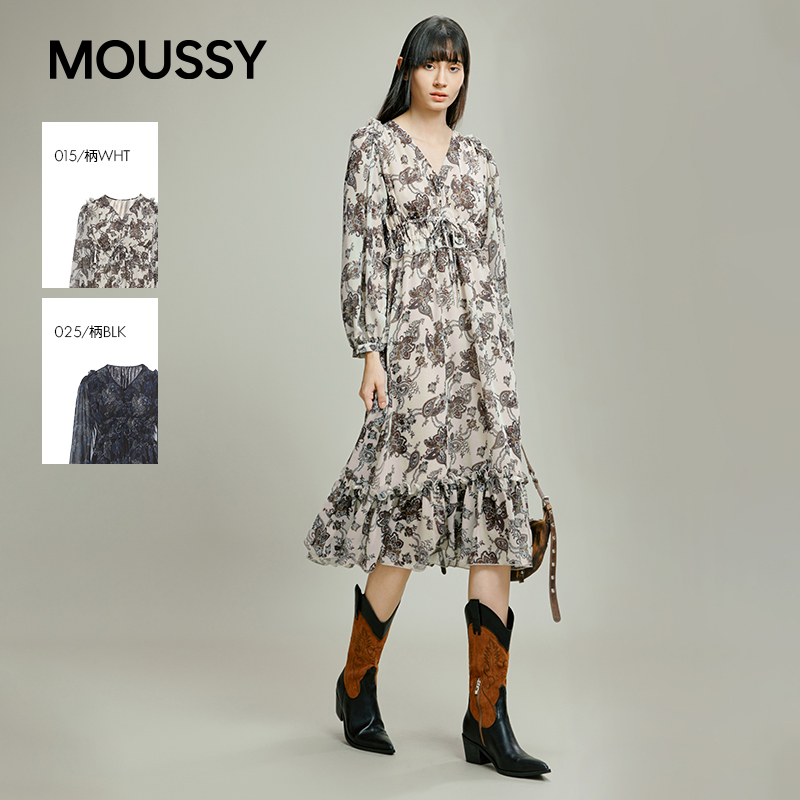 moussy 2025秋季新品复古风花纹雪纺V领长袖连衣裙028IAB33-1010
