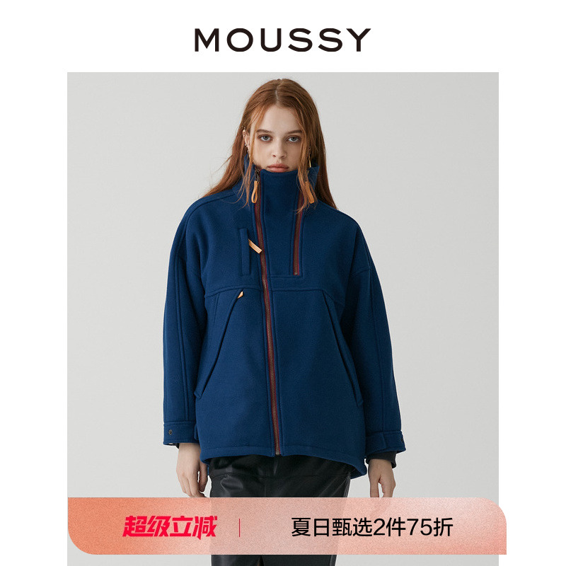 moussy叛逆机车风拉链夹克呢外套