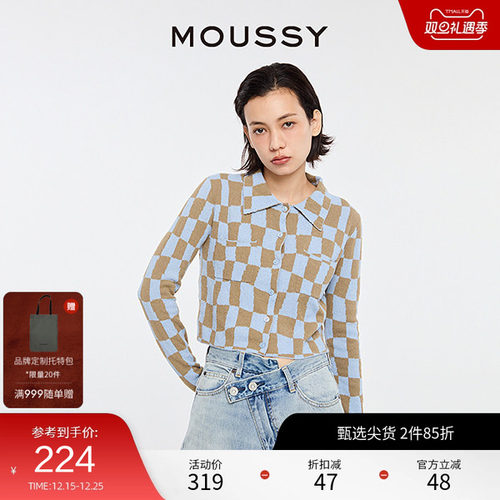 MOUSSY复古日系棋盘格针织开衫
