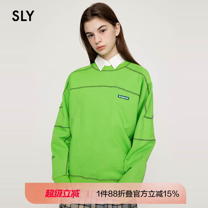 SLY美式复古明线撞色圆领卫衣