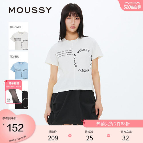 MOUSSY 春季不对称字母LOGO印花短袖T恤女028ISA90-2191