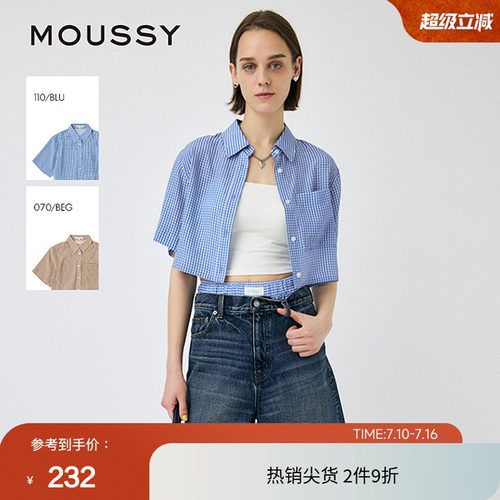 moussy 夏季日系复古格纹短袖宽松短款衬衫010IS430-3821