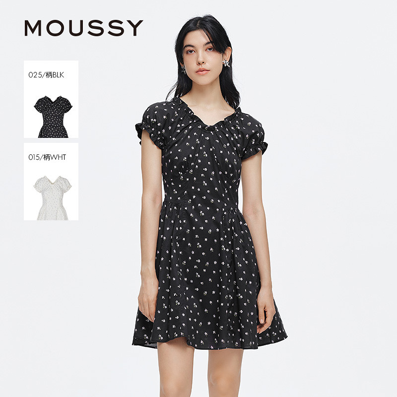 moussy 夏季甜美风花边V领泡泡袖碎花连衣裙028ISA33