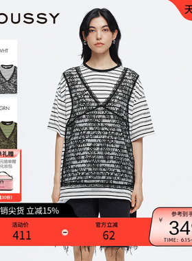moussy 夏季复古风蕾丝假两件条纹短袖T恤028ISA90-0004