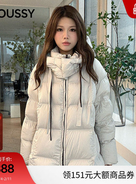 MOUSSY 秋季新品奶油泡芙抽绳连帽中长款羽绒服IAC-