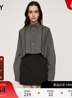 SLY 2023冬季新品中性风撞色缝纫线短款长袖衬衫女030GSZ30-1950