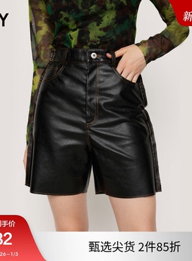 SLY 冬季新品甜酷风宽松直筒高腰皮革休闲短裤030GAZ31-0570