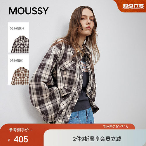 moussy 甜酷风抽褶系带收口复古格子长袖衬衫女028ISA30-1004