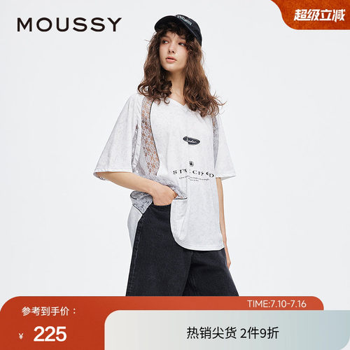 moussy 夏季蕾丝拼接V领宽松篮球服印花T恤028ISA90-2921