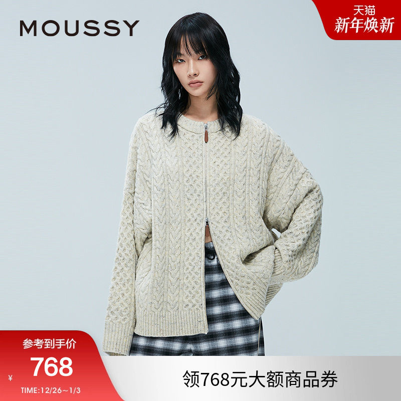 moussy 冬季新品绞花OVERSIZE拉链针织开衫外套028