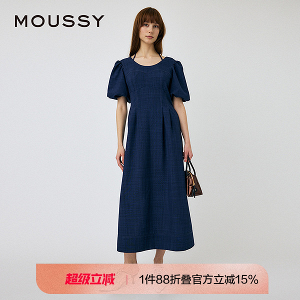 MOUSSY 2024夏季新品法式优雅甜美泡泡袖系带连衣裙010