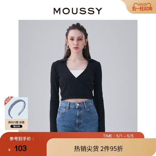 MOUSSY 夏季V领腰部系带短款休闲针织衫女010GSS80-0600