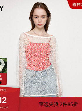 SLY 春夏透视网状镂空下摆开叉宽松长袖T恤030GSZ80-2190