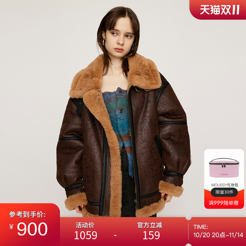 moussy 24冬季新品机车风大翻领皮毛一体夹克外套030HAY30-1411