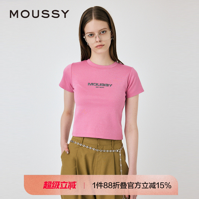 moussy 2024秋季新通勤风极简主义闪光LOGO短袖T恤010HAL90-2111