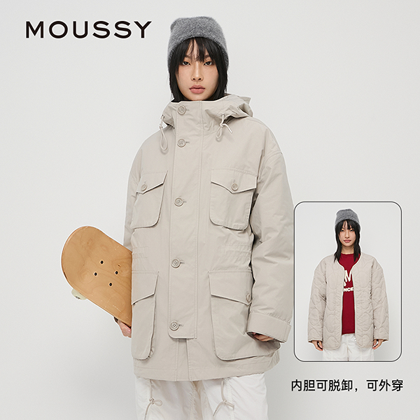 moussy 秋季新品工装风中性猎装夹克外套棉服女028HAA30-2141