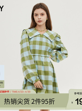 SLY奥莱 春季日系格纹海军领收腰少女连衣裙女038FAZ33-4570
