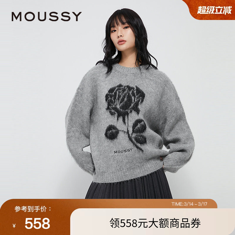 moussy 春季复古提花玫瑰图圆领针织衫毛衣028HAZ70-