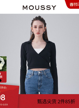 MOUSSY 夏季V领腰部系带短款休闲针织衫女010GSS80-0600