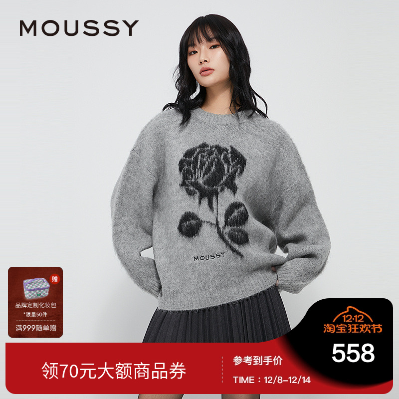 moussy 2024冬季新品复古提花玫瑰图圆领针织衫毛衣028HAZ70-1341