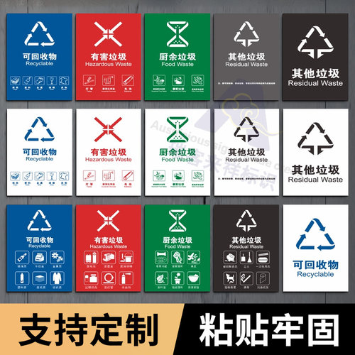 新国标广东广州深圳佛山垃圾桶分类标签贴纸其他厨余生活有害收垃圾分类不可回收循环利用宣传标语海报标志牌