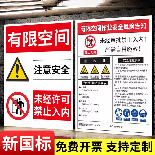 2026新版有限空间作业安全告知牌警示标识牌密闭标志受限空间贴纸作业标志牌风险冷库警告标示有效指示牌